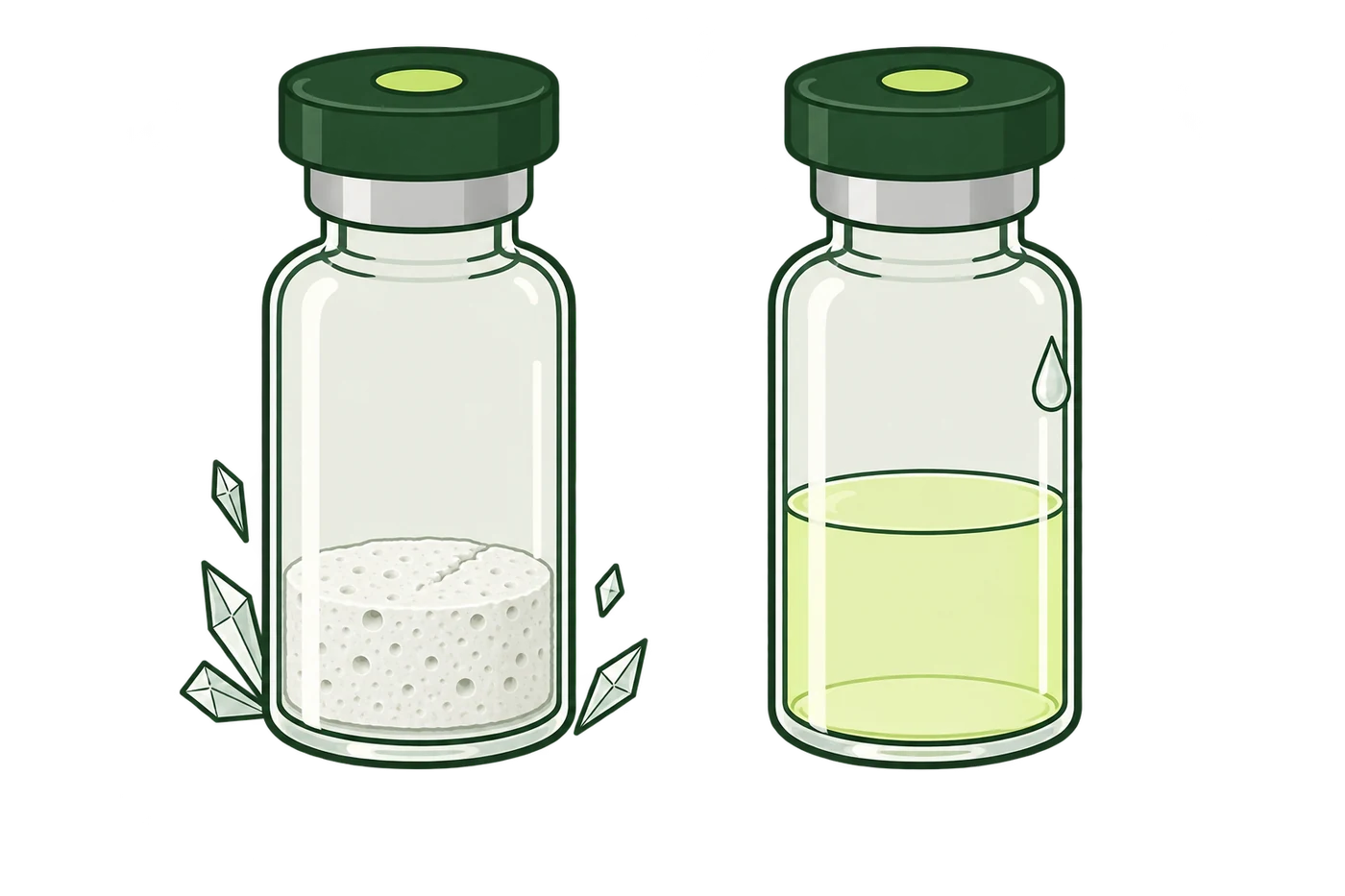 Las dos formas del mismo material y su conservación. El vial liofilizado guarda una torta seca y se mantiene en frío profundo. El vial reconstituido guarda solución y va en refrigeración, con condensación en el vidrio.
