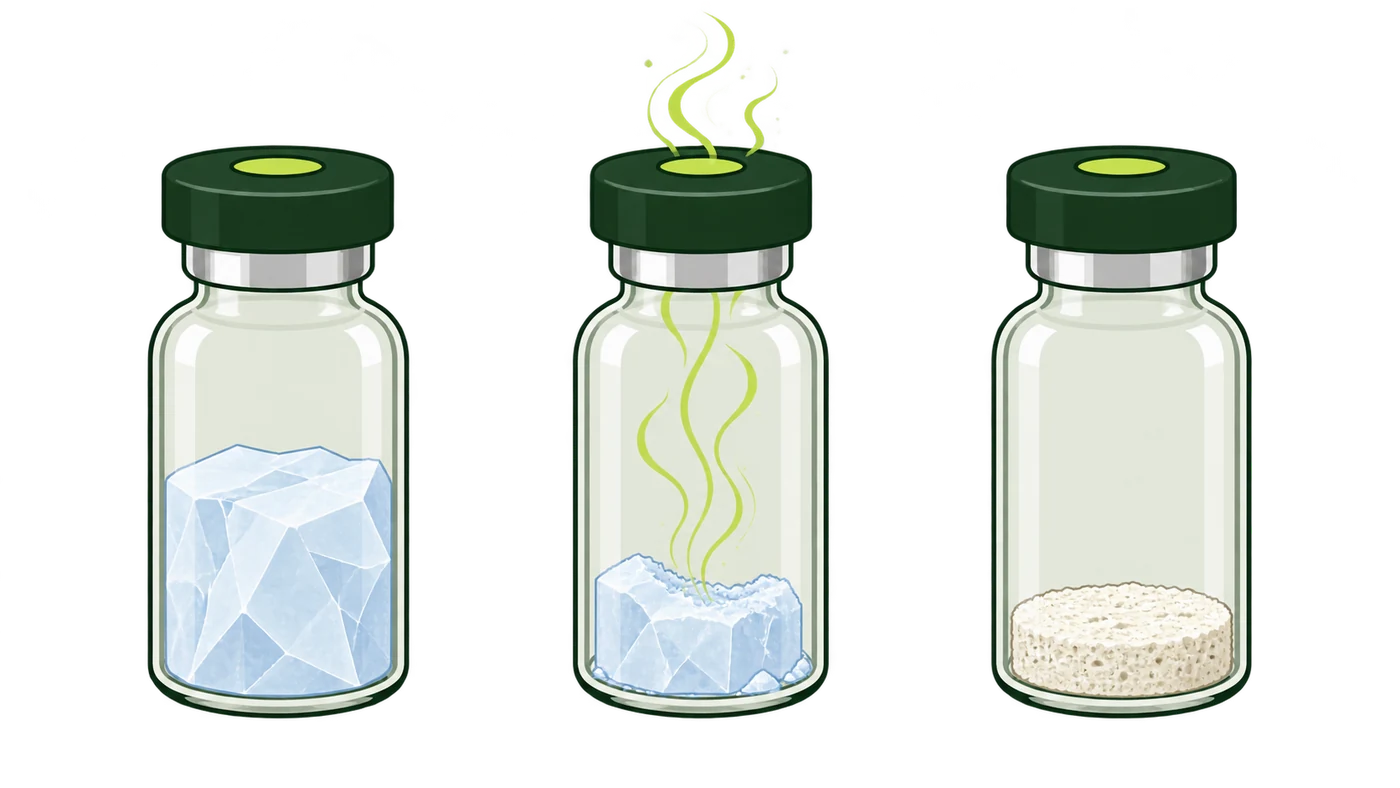 Las tres fases de la liofilización dentro del vial. Primero la solución congelada, un bloque de hielo. Después el mismo hielo reducido, con el vapor saliendo al vacío. Al final sólo la torta seca y porosa en el fondo. En ningún momento hay líquido: el hielo pasa directamente a vapor.
