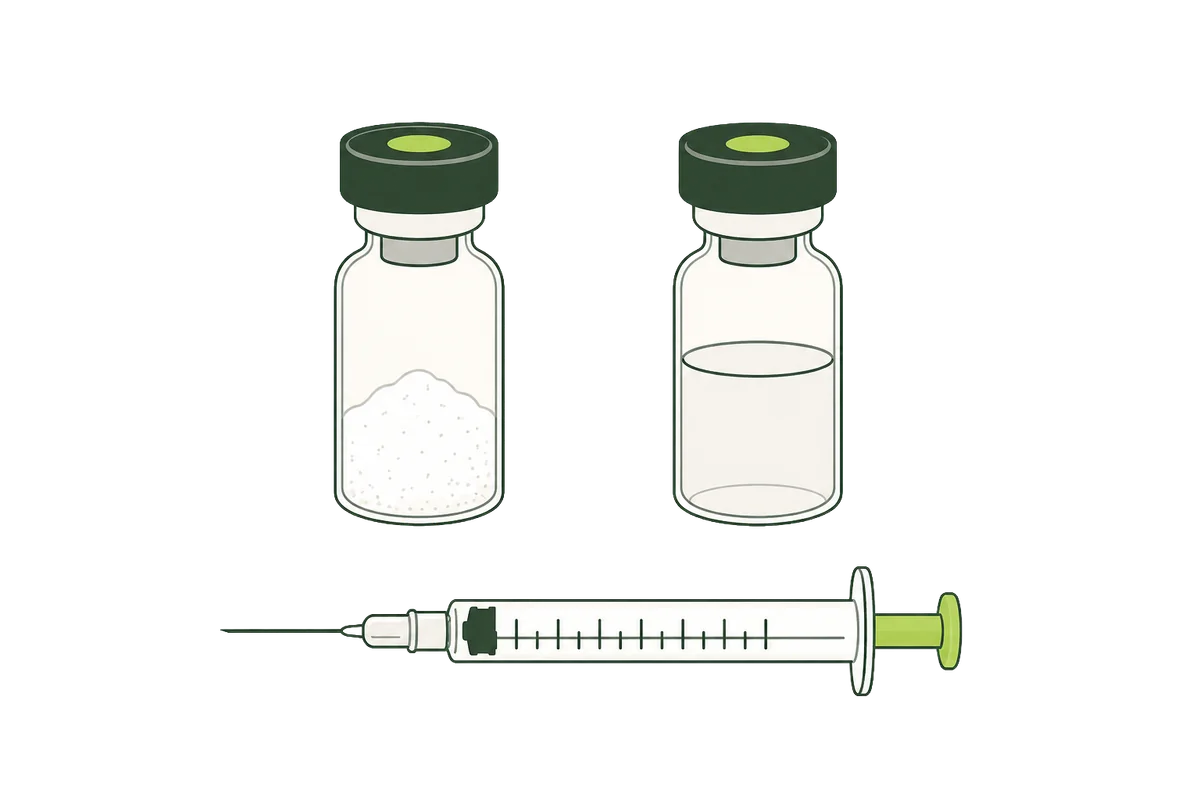 Vial liofilizado, agua bacteriostática y jeringa para reconstitución de laboratorio