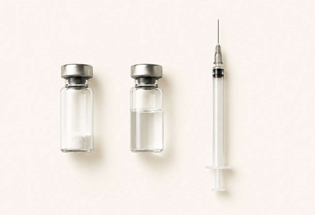 Kit de reconstitución: vial con péptido liofilizado, vial de agua bacteriostática y jeringa