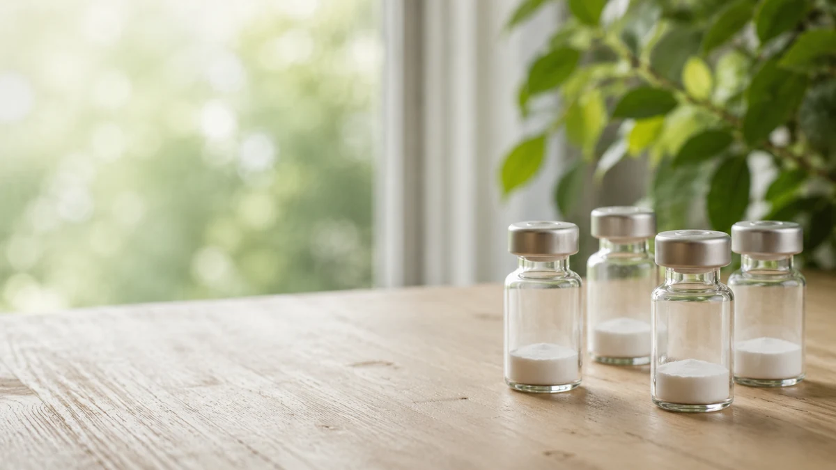 Viales de péptido liofilizado sobre una mesa de madera junto a una ventana con vegetación