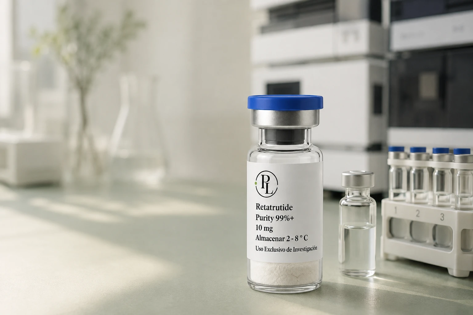 Control de calidad en una escena de laboratorio ilustrativa: vial PL junto a material e instrumentos de análisis