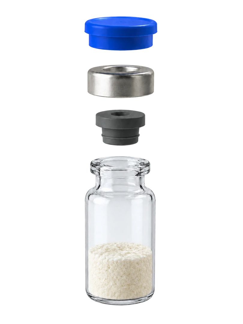 Vial armado con tapa azul, casquillo, tapón y cuerpo de vidrio