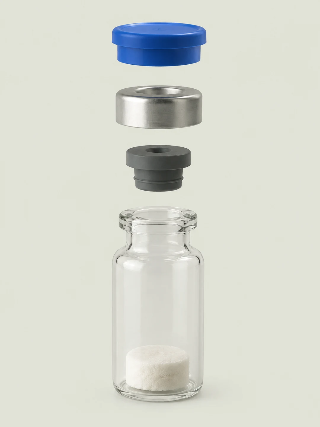 Ilustración de un vial liofilizado y los elementos de su cierre